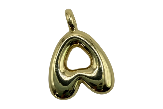 High-polish gold puffy letter A pendant with rounded, sculptural shape