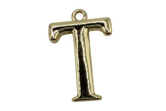 Polished gold initial letter T charm with glossy finish