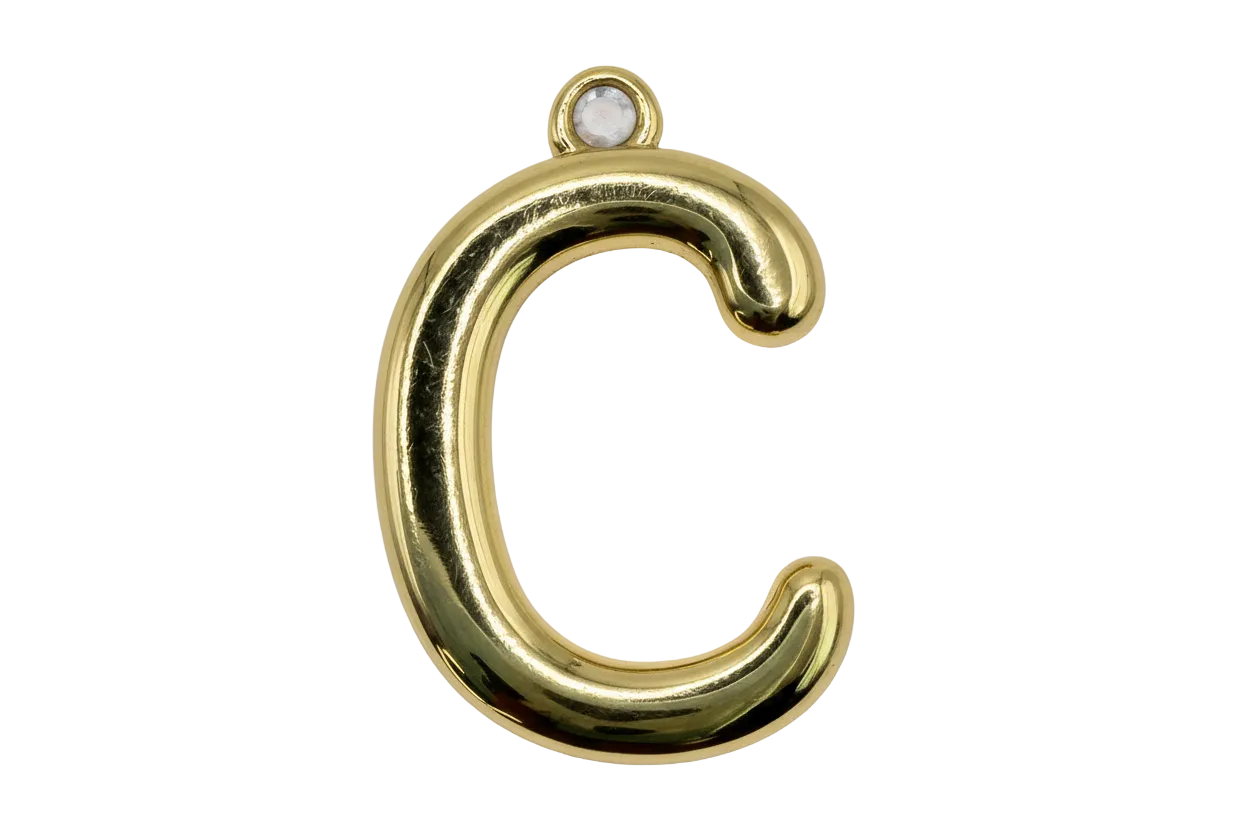 Polished gold letter C initial charm with rounded, puffed silhouette