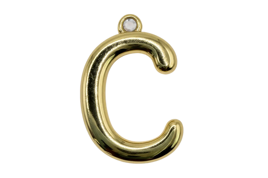 Polished gold letter C initial charm with rounded, puffed silhouette