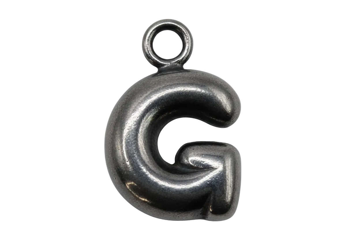Polished silver initial letter G charm with rounded, sculpted profile
