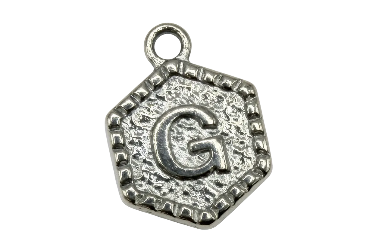 Antiqued silver square tile with raised letter G and beaded border