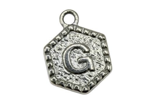 Antiqued silver square tile with raised letter G and beaded border