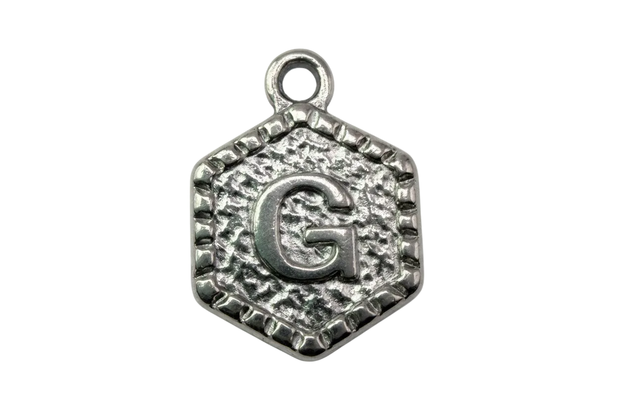 Textured silver octagon pendant with raised letter G monogram