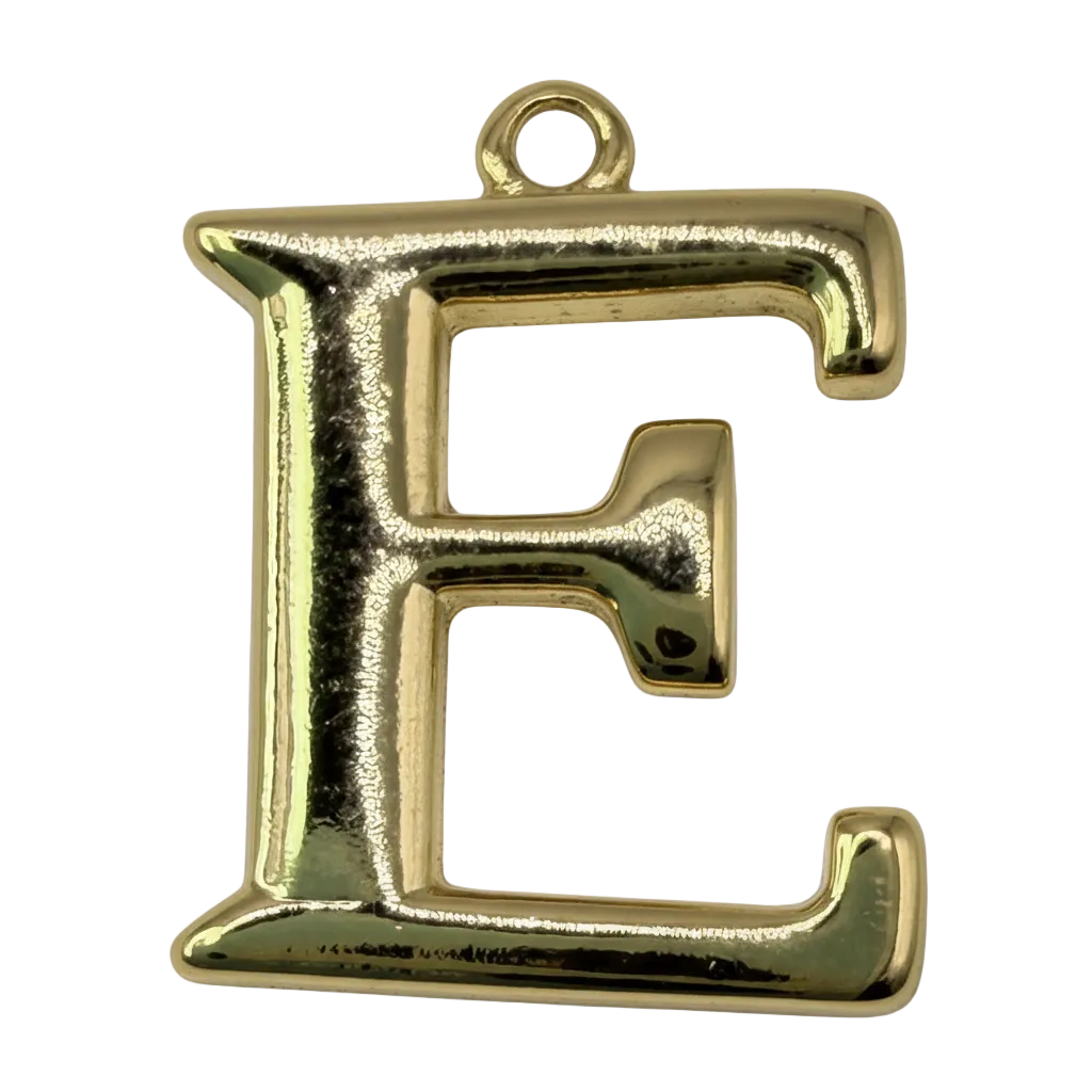 Polished gold serif letter E initial charm with rounded edges