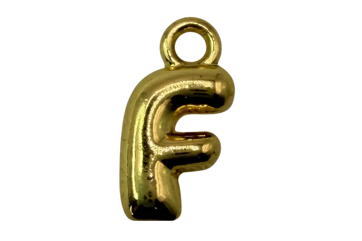 High-shine gold puffy balloon letter F charm, front view