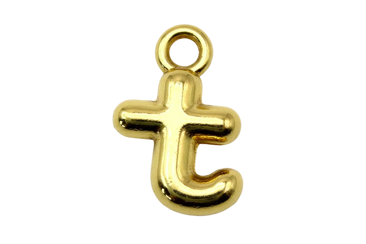 Puffy lowercase t initial in high-polish gold finish