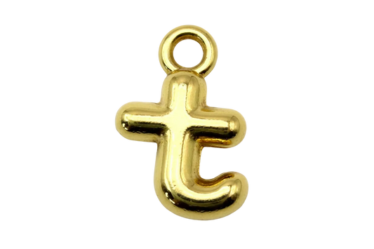 Puffy lowercase t initial in high-polish gold finish