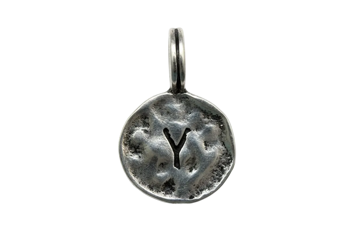 Antiqued silver-toned round disc with cutout letter Y and dark oxidized detailing