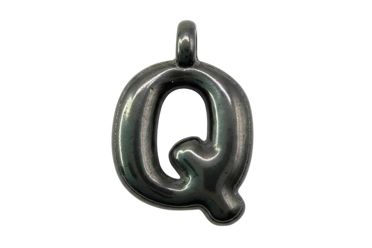 Oxidized silver letter Q charm with glossy, sculptural curves