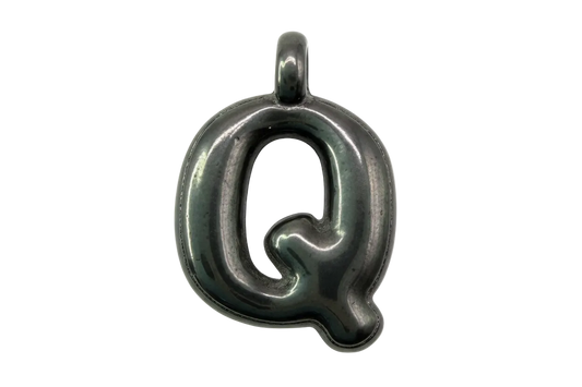 Oxidized silver letter Q charm with glossy, sculptural curves