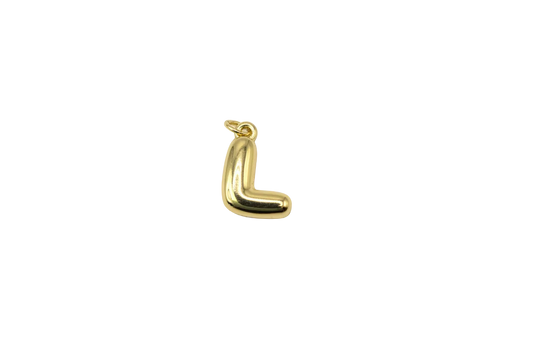 High-polish gold puffy letter L initial charm on black background