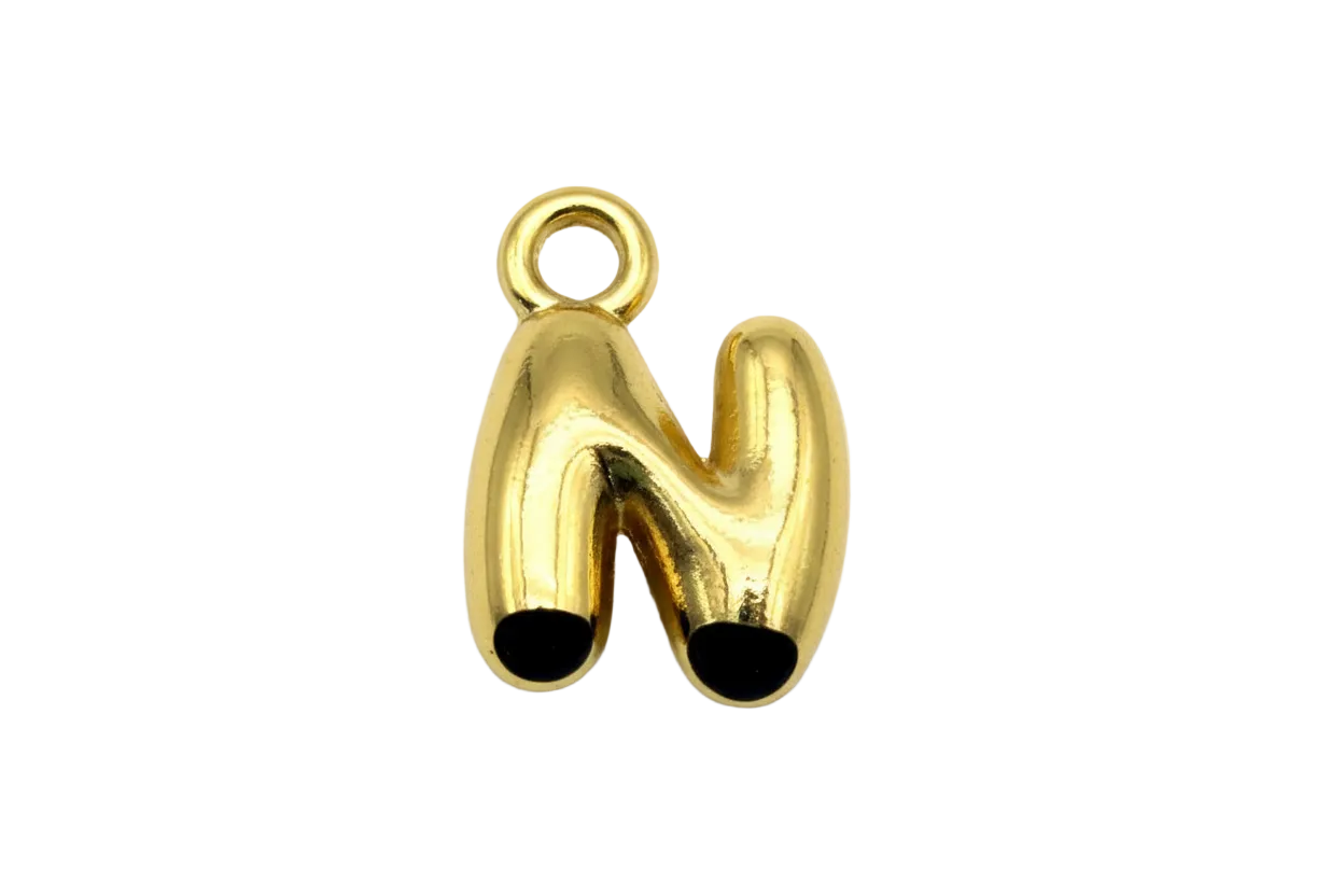 High-polish gold puffy letter N charm with balloon-style silhouette