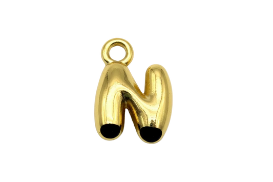 High-polish gold puffy letter N charm with balloon-style silhouette
