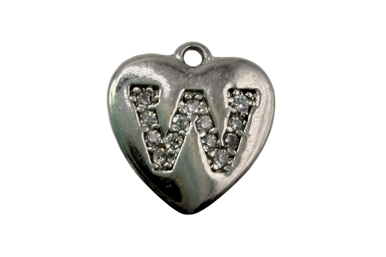 Polished silver heart with pavé letter W in clear crystals