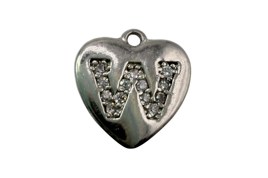 Polished silver heart with pavé letter W in clear crystals
