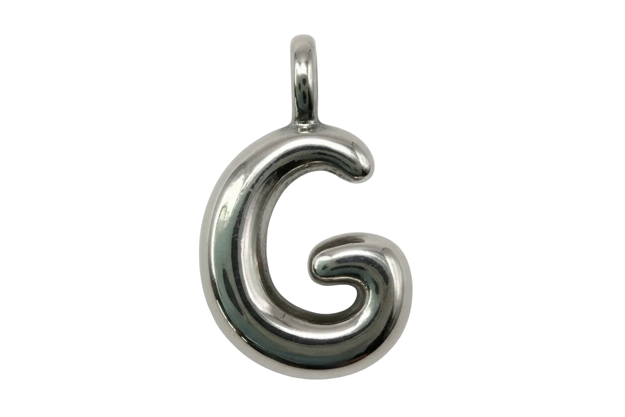 High-polish silver letter G initial charm with rounded sculptural shape