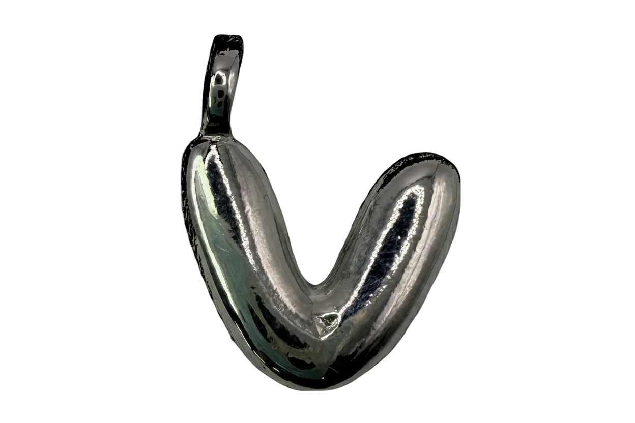 Puffed letter V charm in polished silver finish