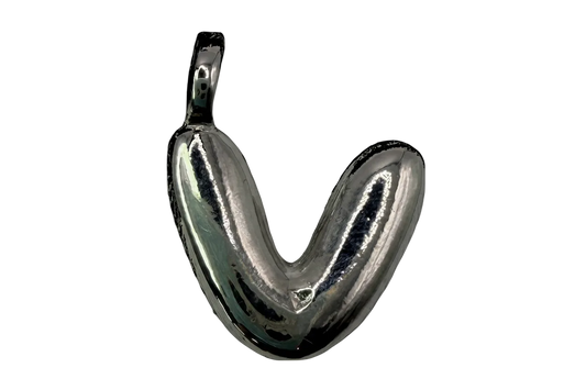 Puffed letter V charm in polished silver finish