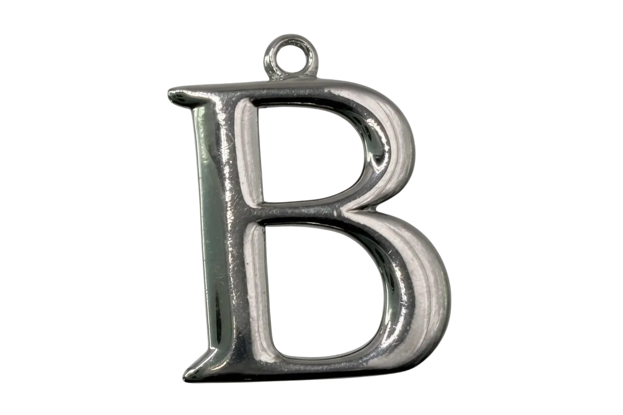 Polished silver-toned letter B initial pendant with a glossy finish