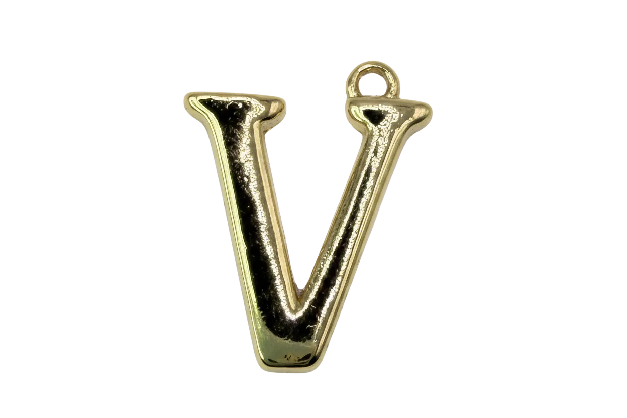 Polished gold letter V initial with high-shine finish