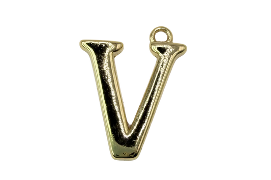 Polished gold letter V initial with high-shine finish