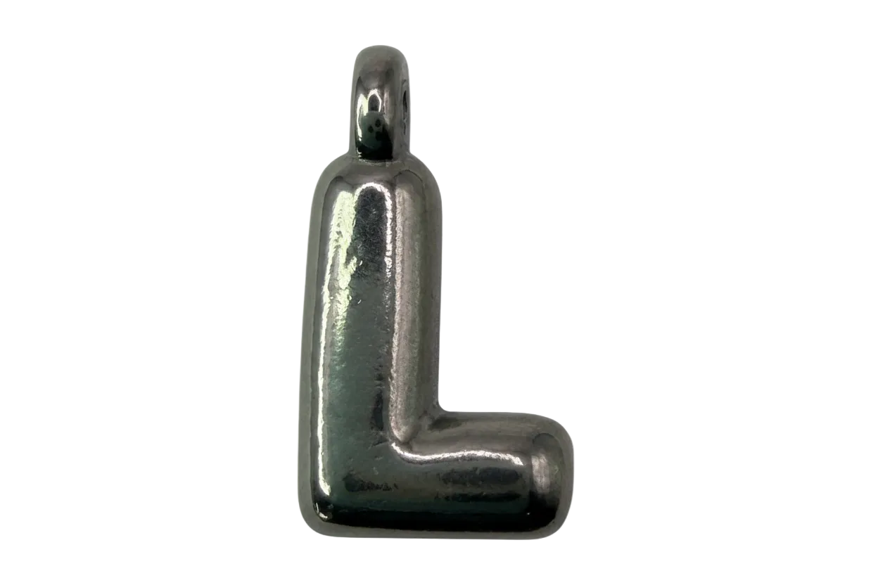 Polished silver-tone letter L initial with a rounded, glossy finish