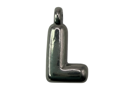 Polished silver-tone letter L initial with a rounded, glossy finish