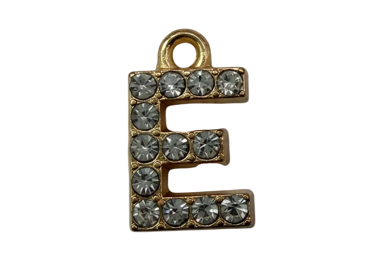 Gold letter E initial with clear faceted crystals in a pavé style