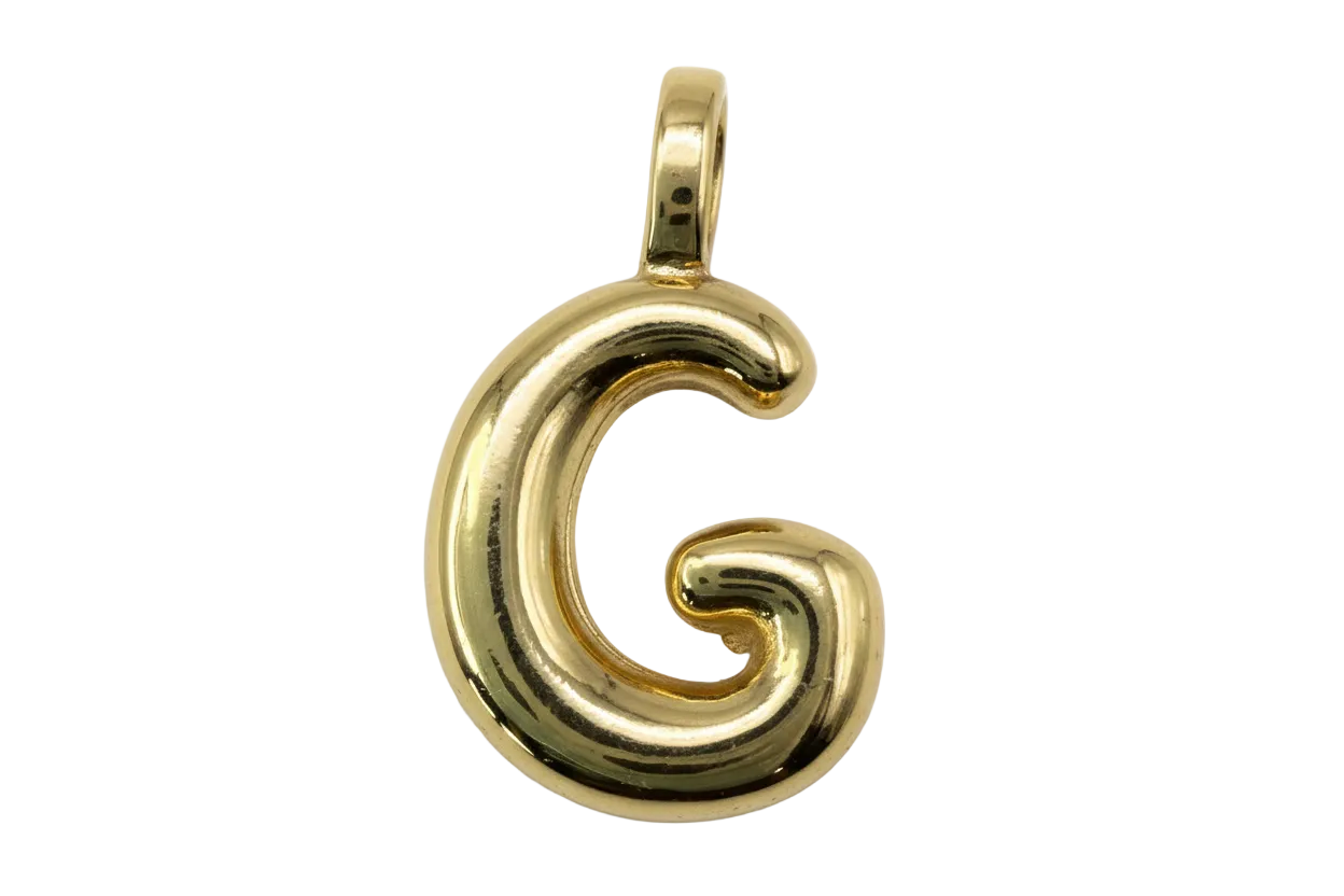 High-polish gold letter G initial with a rounded puffed profile and mirror-like shine
