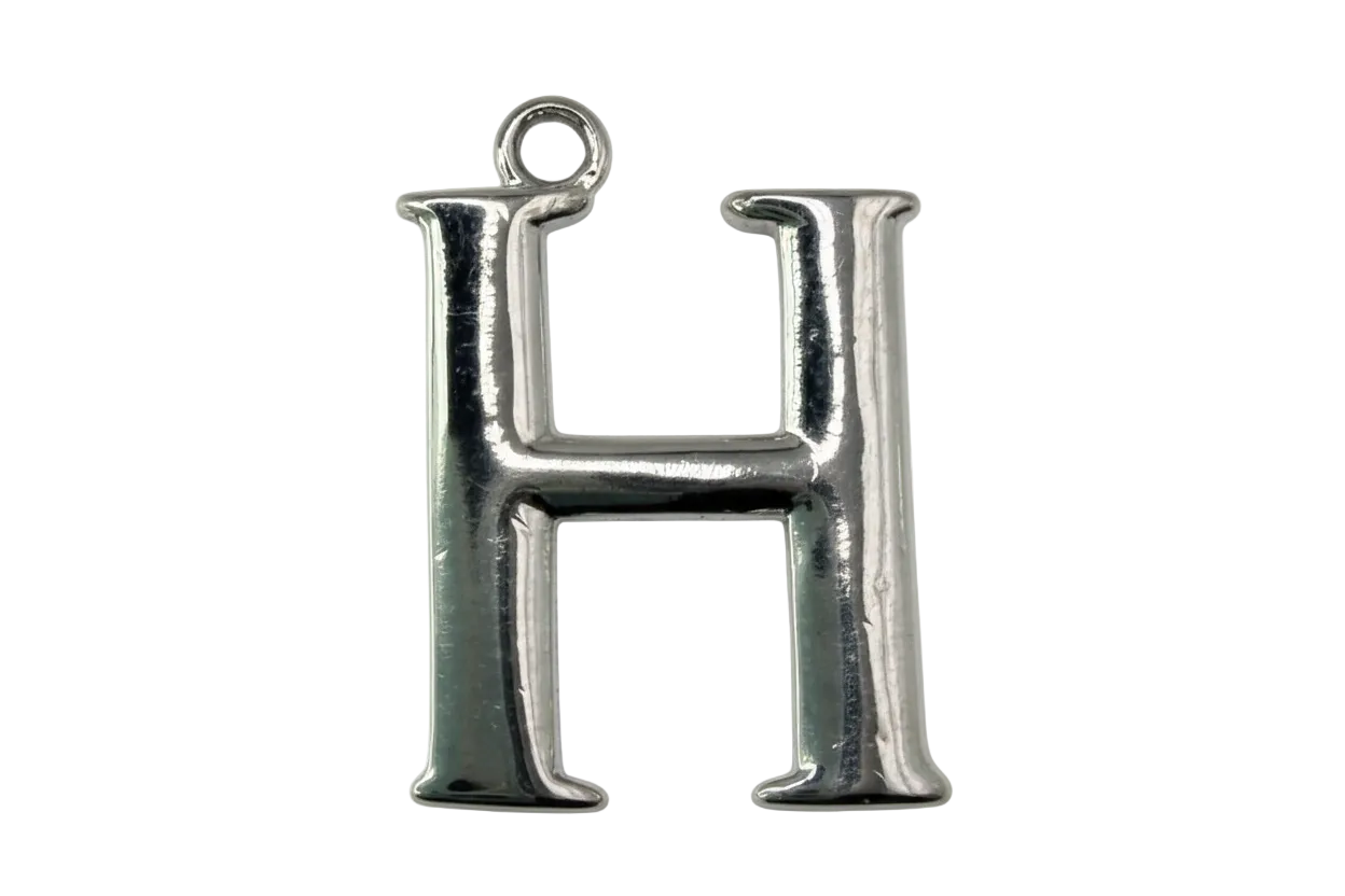 High-polish silver initial H letter charm with glossy reflective finish