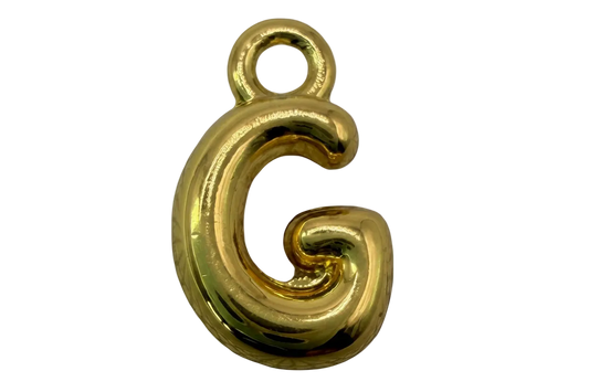 High-polish gold puffy initial G with rounded balloon-style curves