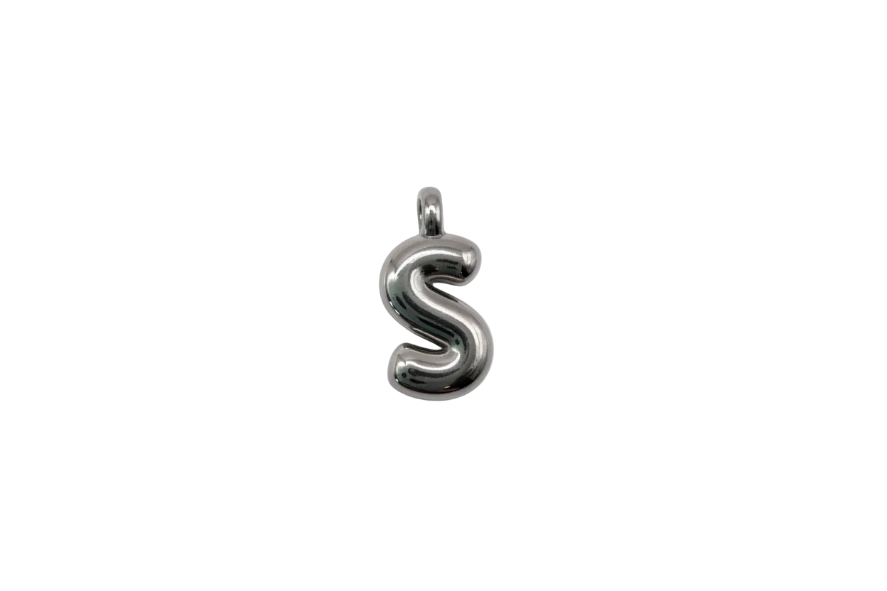 Polished silver letter S with rounded, sculpted shape