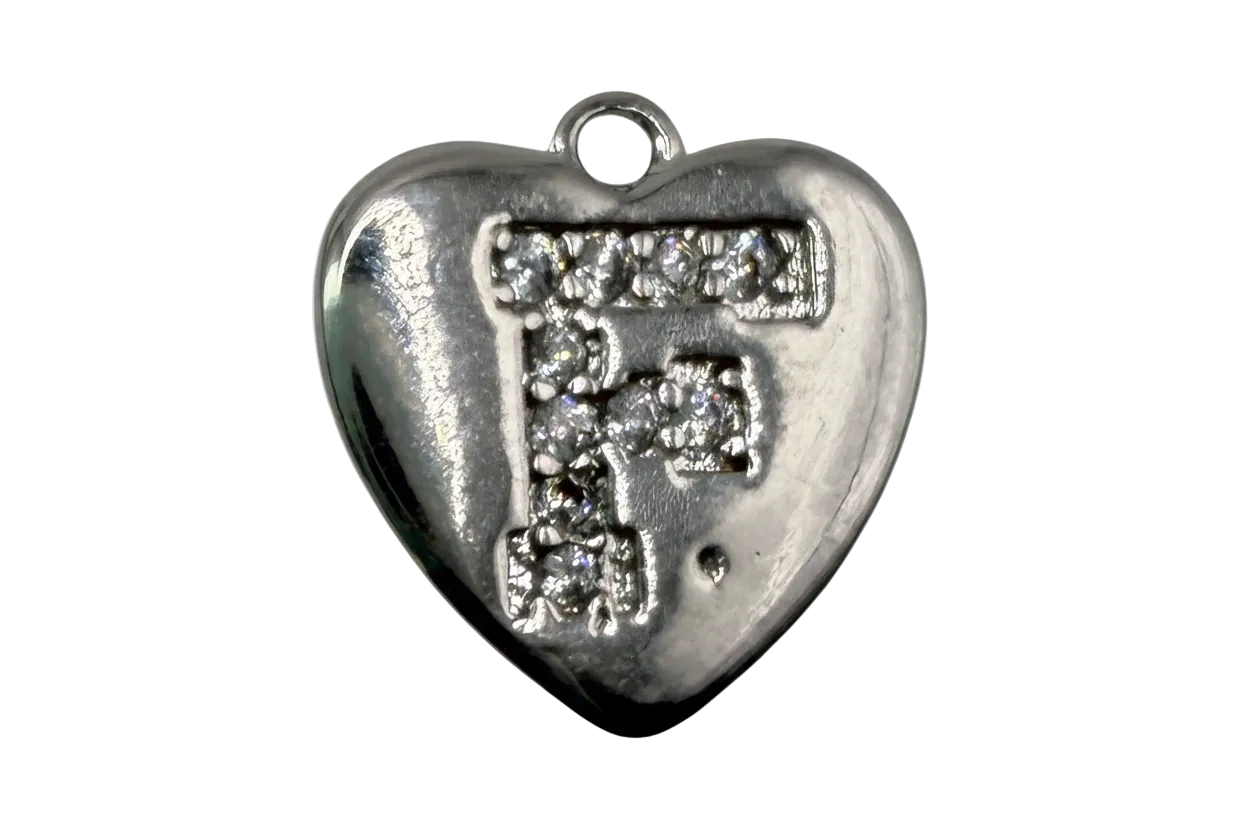 Polished silver heart with pavé letter F in clear crystals