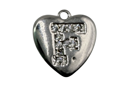 Polished silver heart with pavé letter F in clear crystals