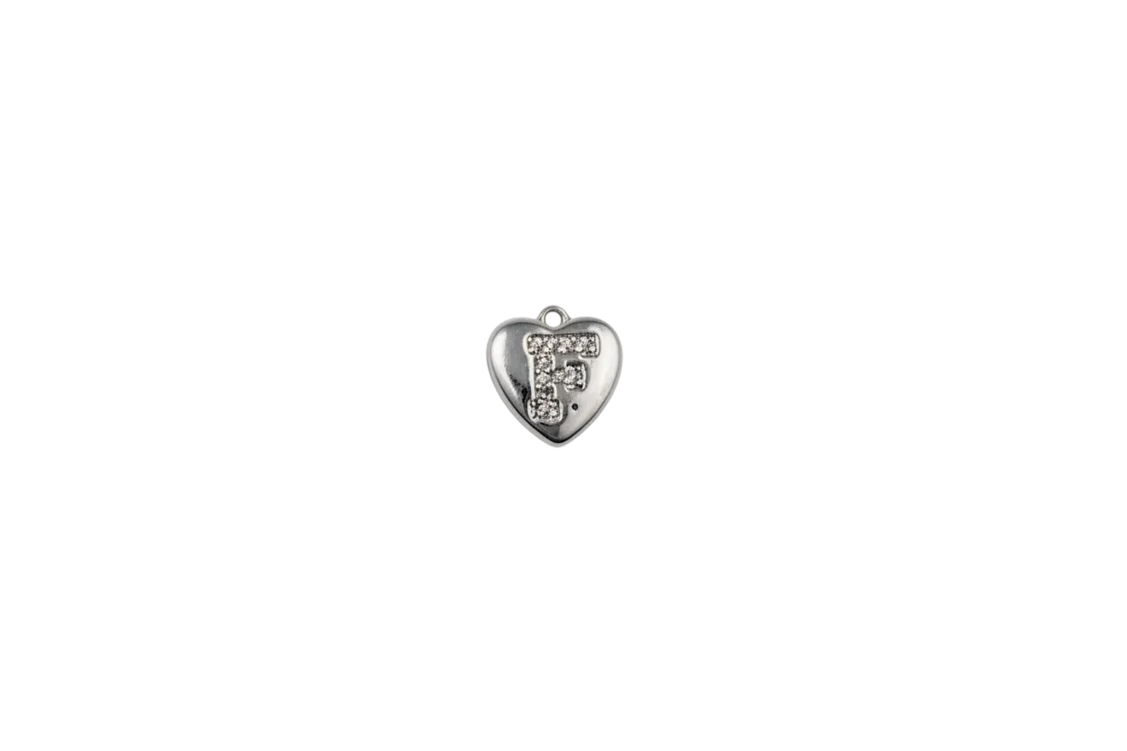 Silver heart with pavé letter F and clear crystals