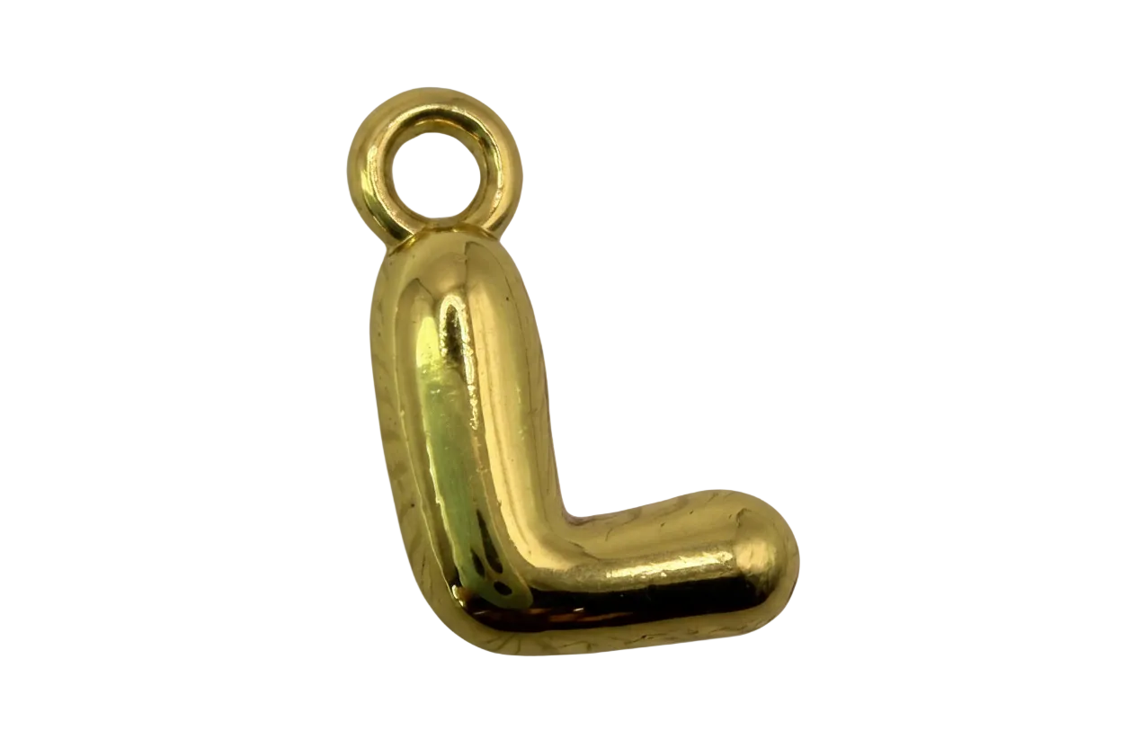 High-polish gold letter L initial charm with rounded, puffy silhouette
