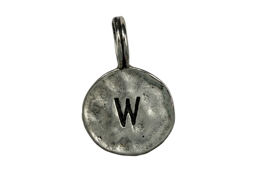 Antiqued silver-tone round coin with black letter W initial