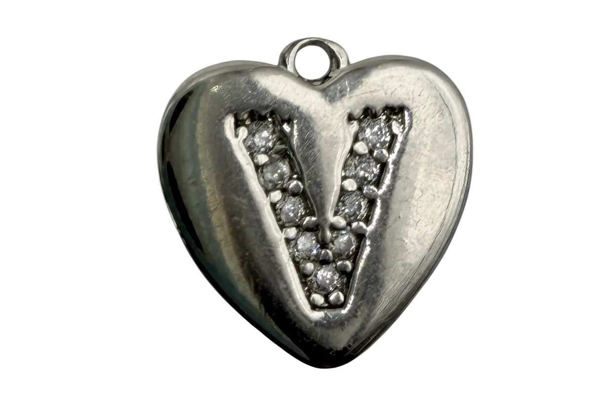 Silver-tone heart with pavé letter V in clear stones, polished finish