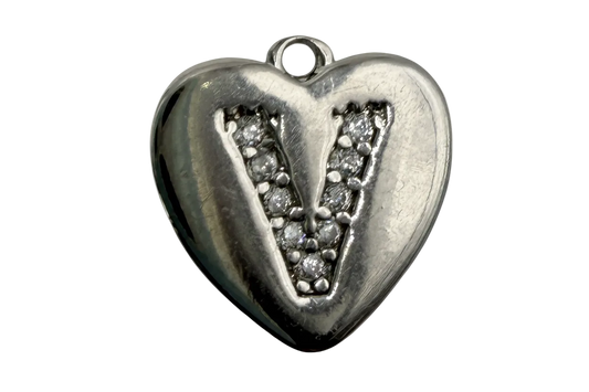 Silver-tone heart with pavé letter V in clear stones, polished finish