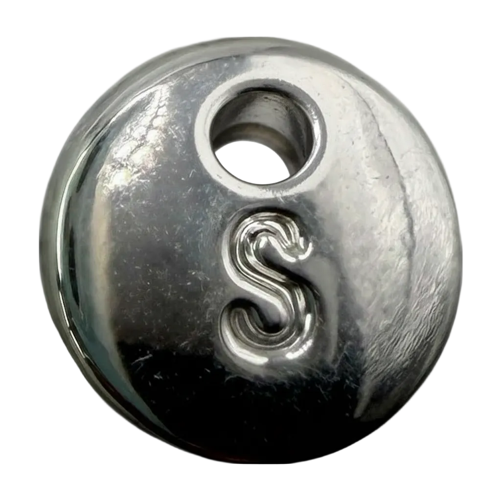 Polished silver round disc with raised letter S