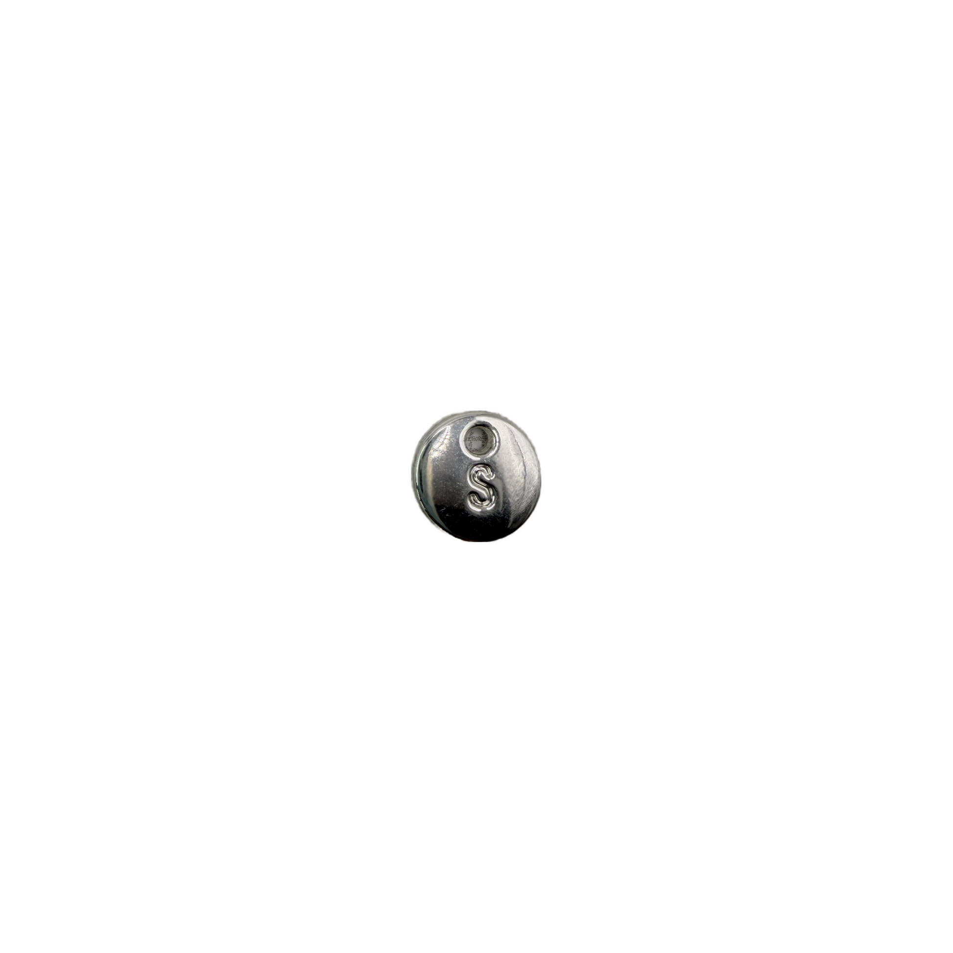 Silver round disc with raised letter S