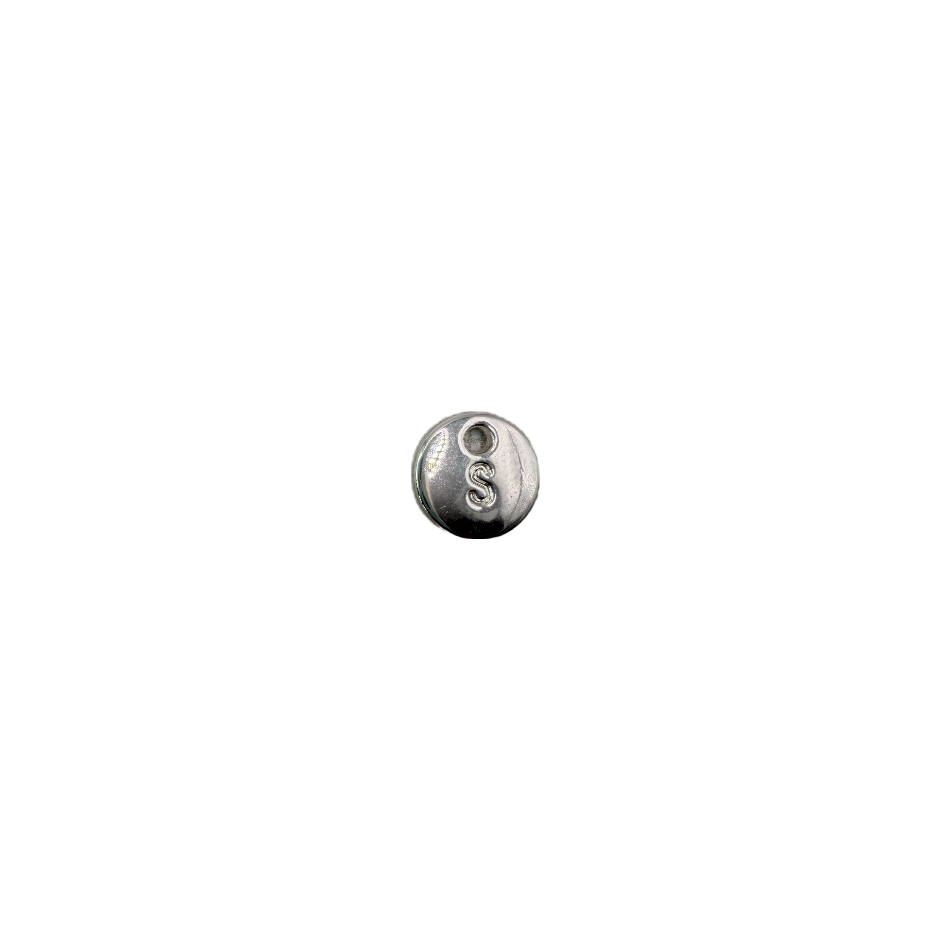 Silver round disc with raised S and grey cabochon accent