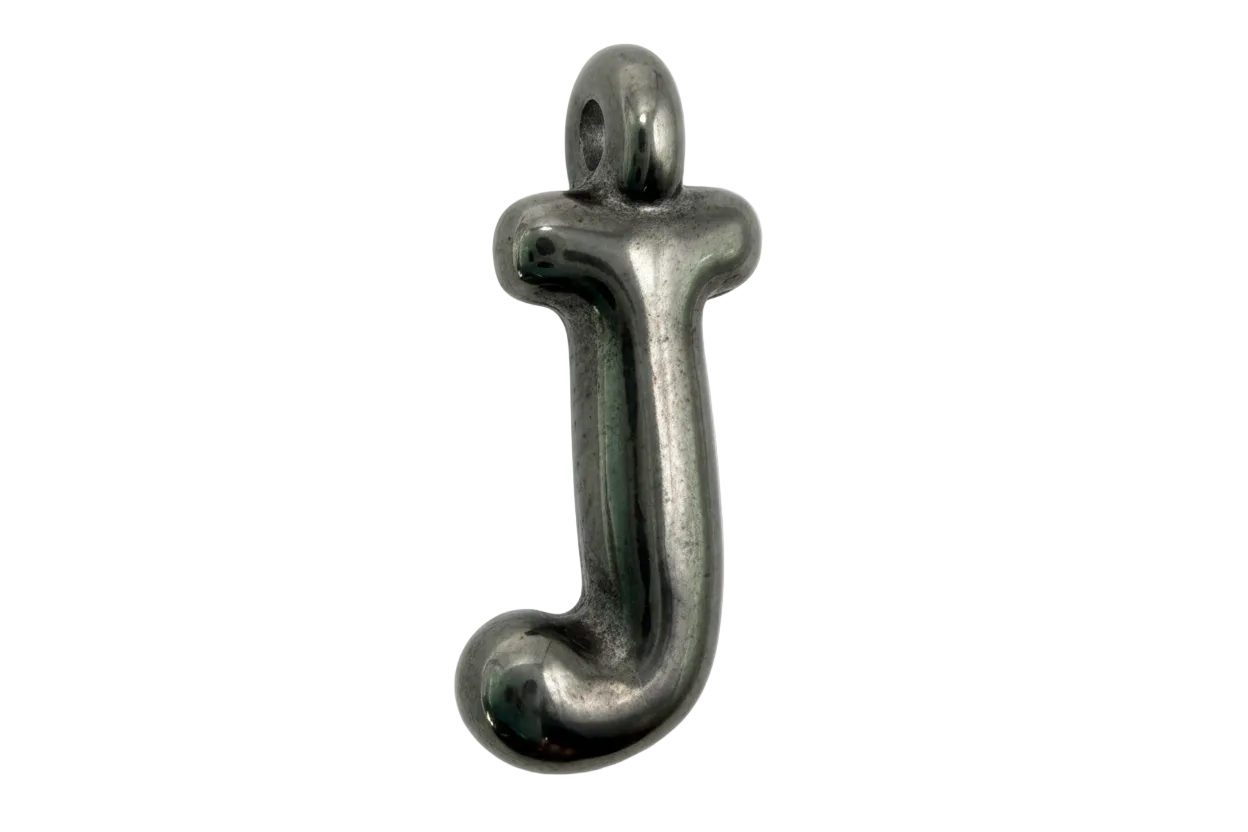 Polished silver lowercase letter j with rounded top and glossy finish on black background