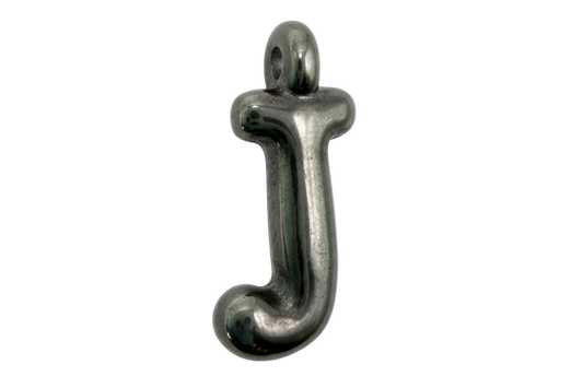 Polished silver lowercase letter j with rounded top and glossy finish on black background