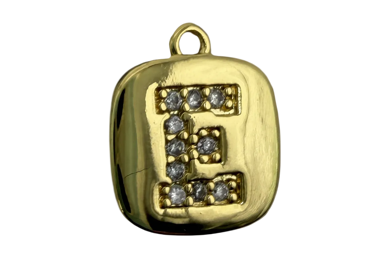 Gold cushion tile with pavé letter E in clear crystals