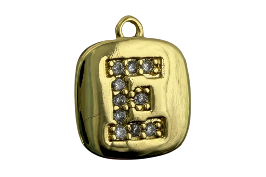 Gold cushion tile with pavé letter E in clear crystals