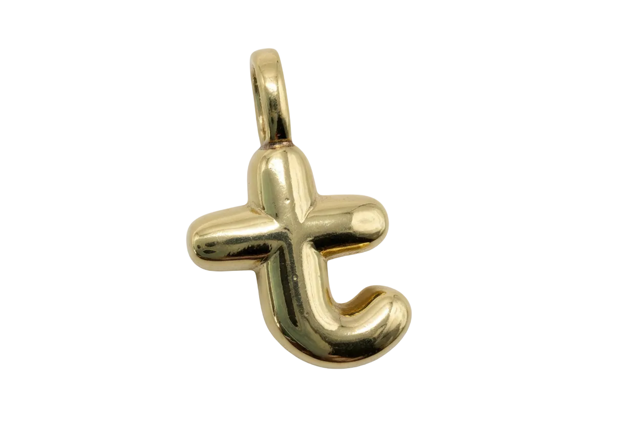 High-polish gold puffy letter T charm with rounded, sculptural silhouette