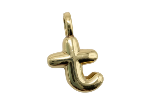 High-polish gold puffy letter T charm with rounded, sculptural silhouette