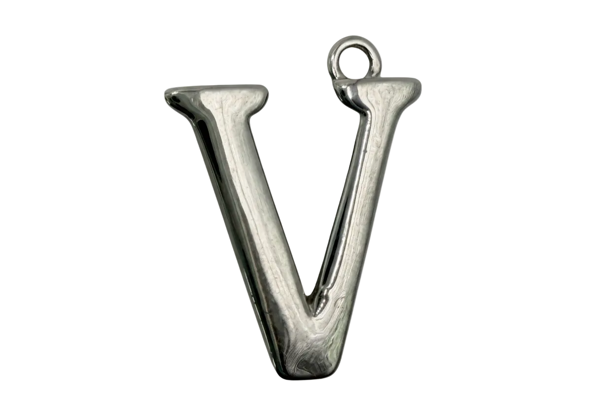 Polished silver letter V initial charm with a high-shine finish